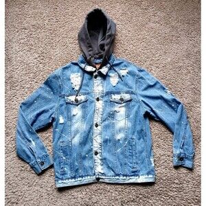Rolling Paper Denim Jacket Men's Size XL Paint Splatter Front Pockets Hooded